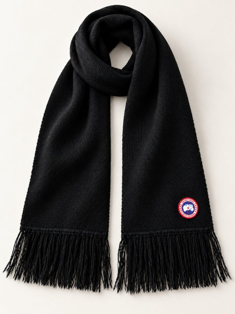 Canada Goose Black Extra Long Knit Fringe Scarf Arctic Program Logo